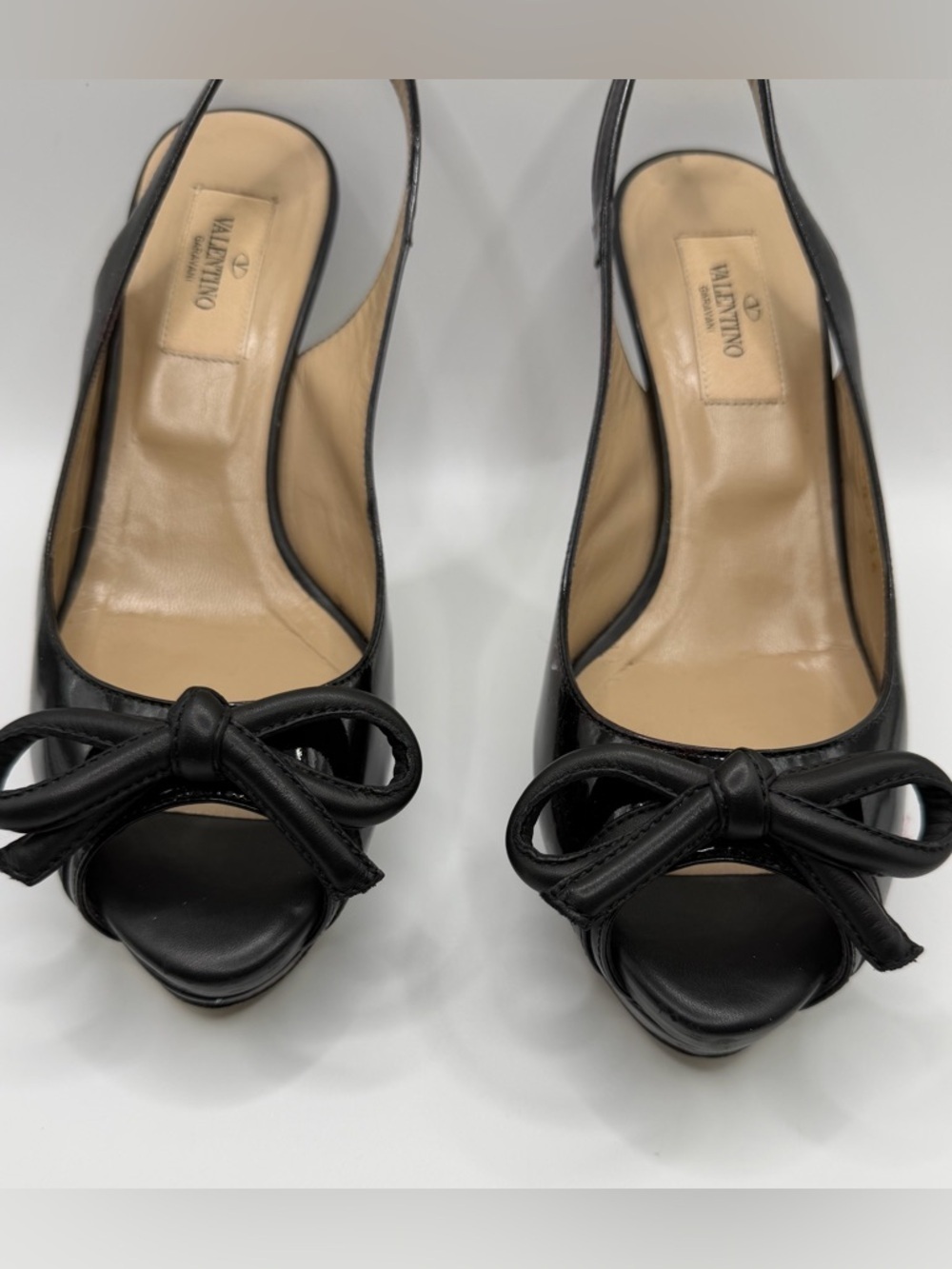 Valentino Garavani | Black Patent Leather Slingback Heels Bow Peep Toe |  36 - Picture 8 of 16